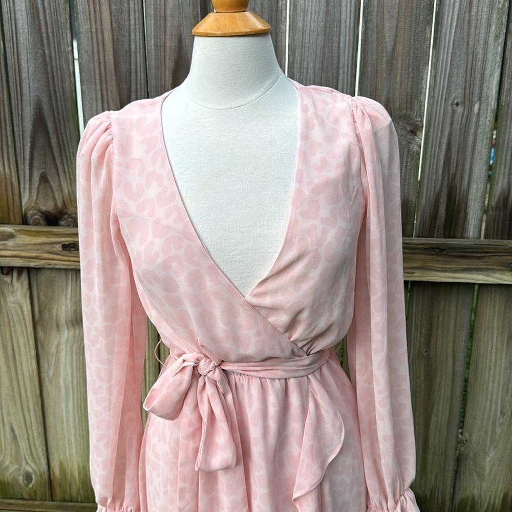 LPA pink leopard chiffon ruffle wrap duster dress - size small - Picture 6 of 12